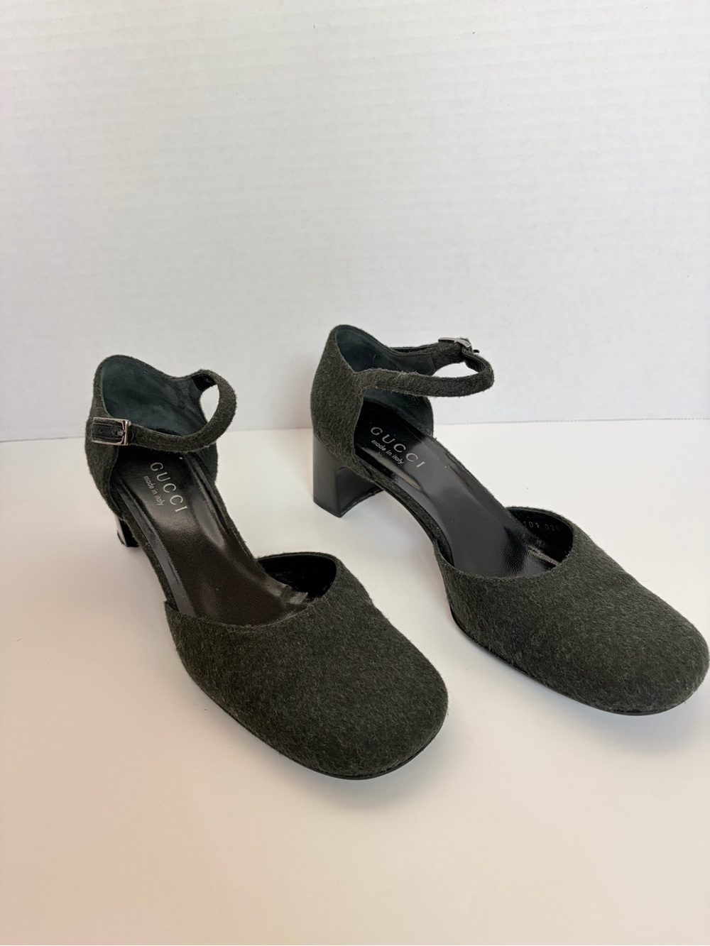 Gucci Mary Jane Pumps Vintage Ankle Strap Block Heel Wool Dark Green Size 38.5C - Picture 9 of 16